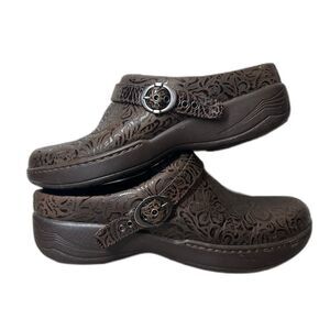 Dansko Size 37 (US 6.5-7) Brown boho Tooled Leather workwear Clogs Floral y2k